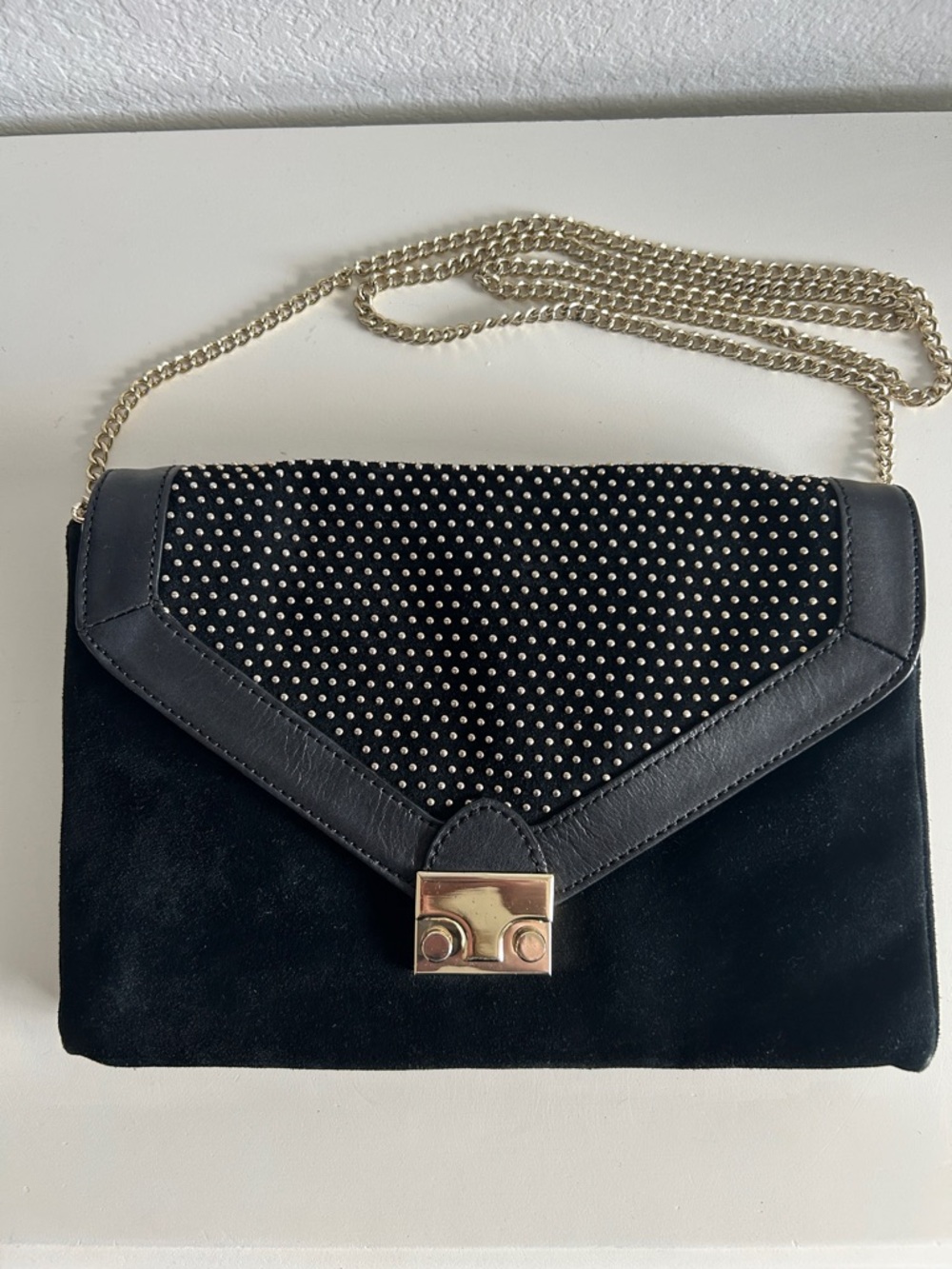 Loeffler Randall Elegant Suede Crossbody Bag Gold Chain Strap and Studded Detail